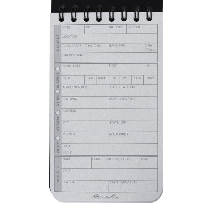 Rite in the Rain Top Spiral 3 x 5 Field Interview Polydura NotebooK Field Interview Form/Notes Black Outdoor Tactical Australia