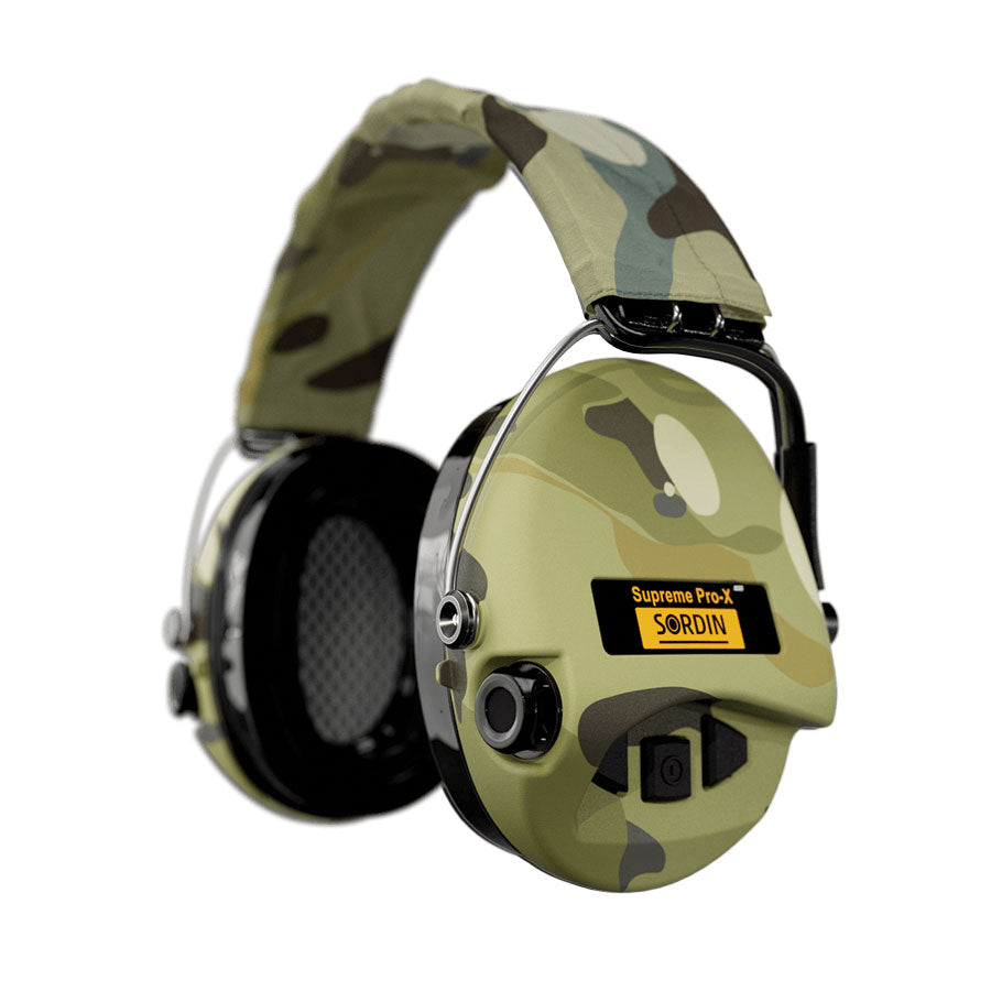 Sordin Supreme Pro-X LED Electronic Hearing Protection - Gel Cups 75302-X-08-S Camo Cup colour - Camo textile Headband Outdoor Tactical Australia
