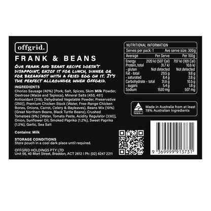 Offgrid Provisions Frank & Beans - Heat & Eat Meal Outdoor Tactical Australia