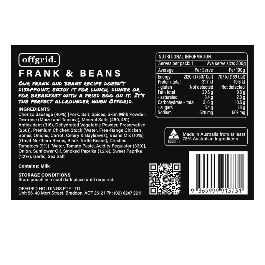 Offgrid Provisions Frank & Beans - Heat & Eat Meal Outdoor Tactical Australia