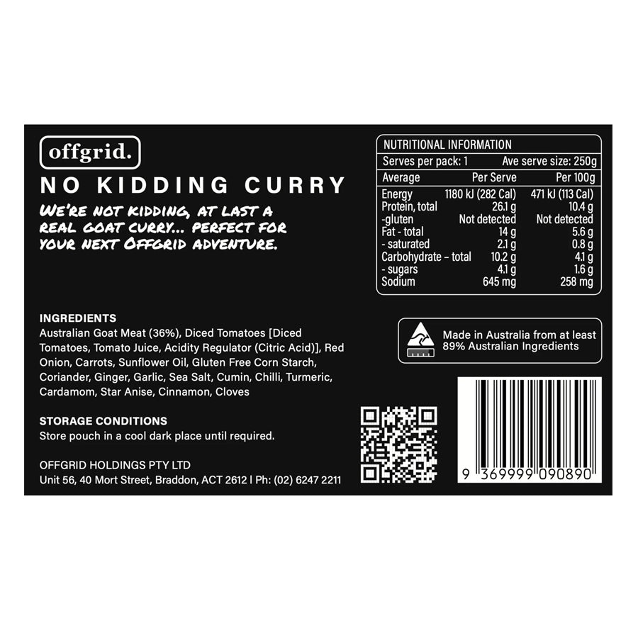 Offgrid Provisions No Kidding Curry - Heat & Eat Meal Outdoor Tactical Australia