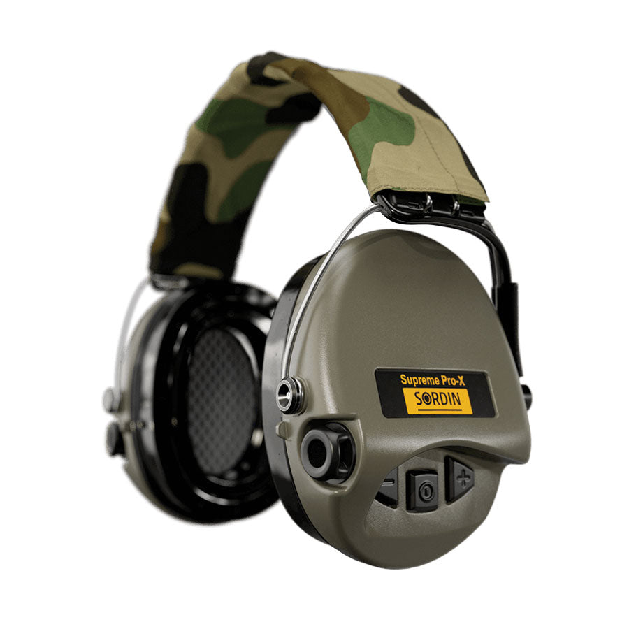 Sordin Supreme Pro-X LED Electronic Hearing Protection - Gel Cups 75302-X-07-S Green Cup colour - Camo textile Headband Outdoor Tactical Australia
